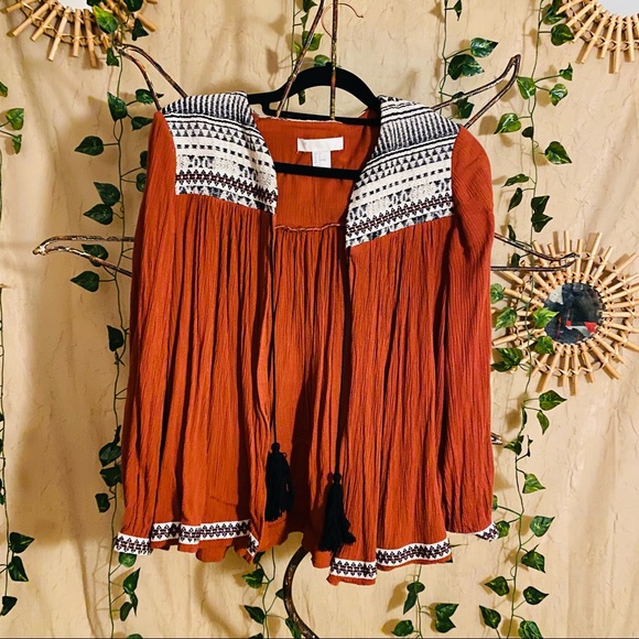 Bohemian Sunburnt Orange Pleated Boho Cardigan Tie Open Front - Picture 6 of 9